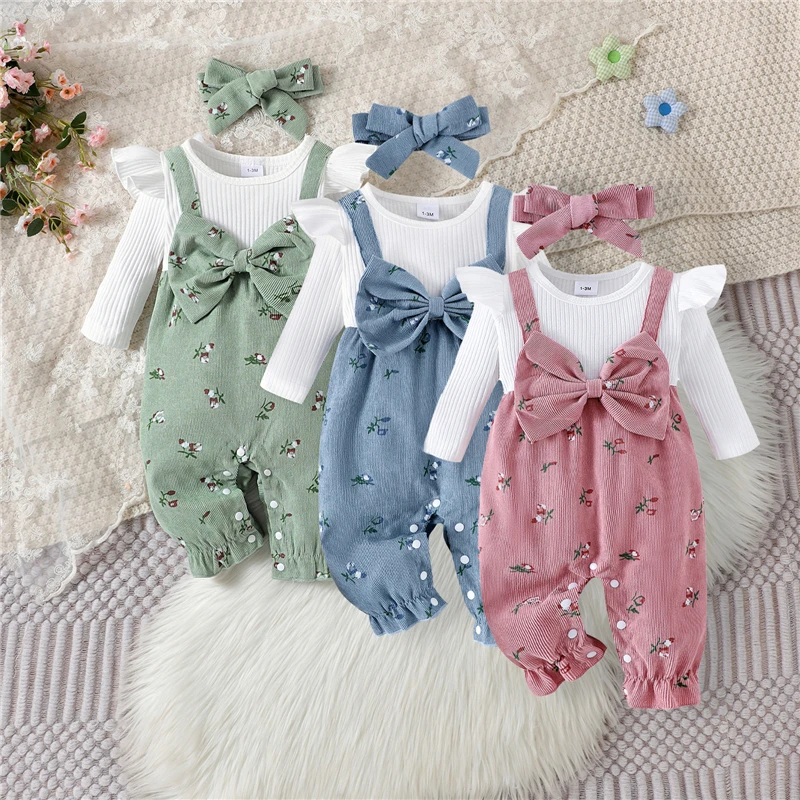 New Autumn Newborn Baby Girls Long Sleeve Romper Floral Print Fake Two Pieces Patchwork Bow Jumpsuits and Cute Headband Set