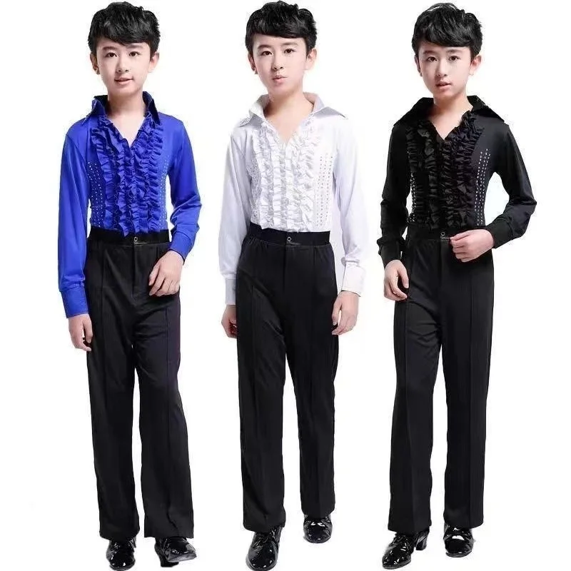 Long Sleeve Dress Shirts For Boys Dance Wear Latin Dancing Tango Mens Kids Morden Shirt Lace Ballroom Costumes Children