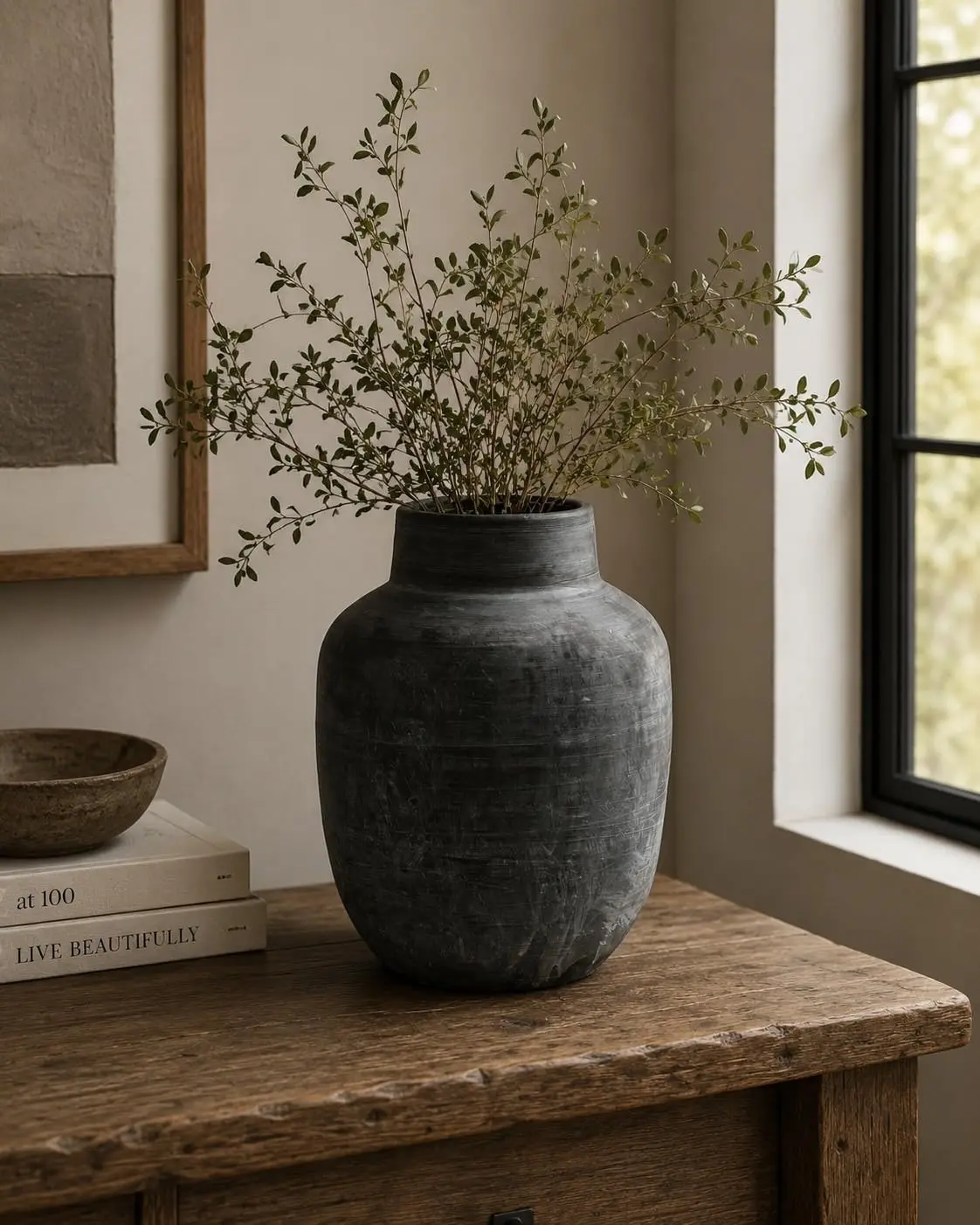 14 Inches High Earthy Gray Vase with Four Handles