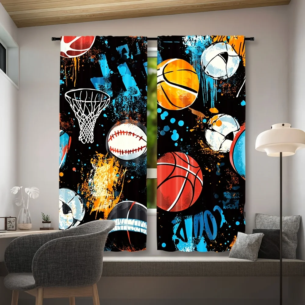 Sports Ball Print Curtains, Graffiti Basketball Baseball Blackout Drapes for Boys Room, Urban Gym Home Decor Window Treatment