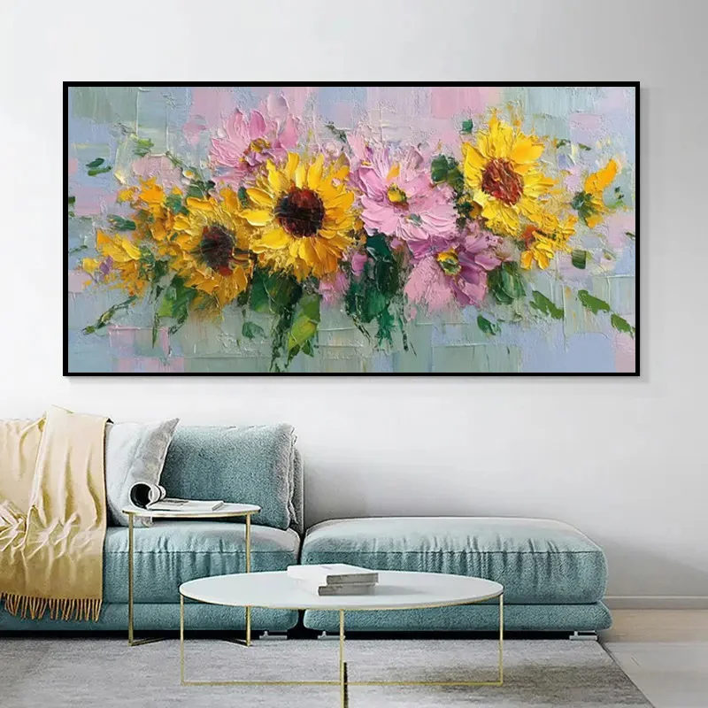 Abstract Yellow Pink Sunflowers Wall Art Items Hand Drawn Large Yellow Blue Blooming Florals Canvas Thick Oil Painting For Decor