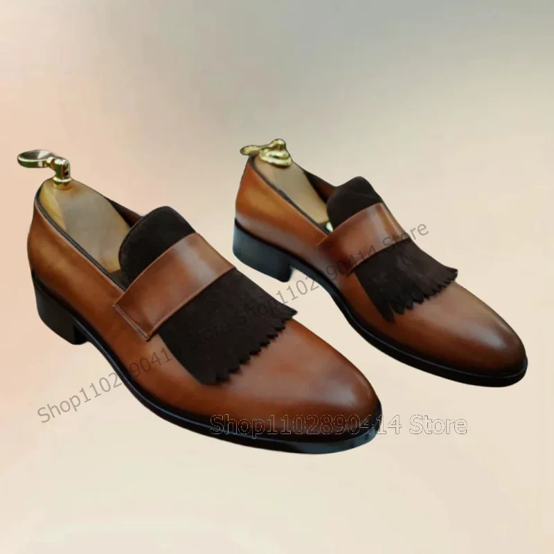 

Brown Tassels Decor Matte Leather Square Toe Loafers Fashion Slip On Men Shoes Luxurious Handmade Party Banquet Men Dress Shoes