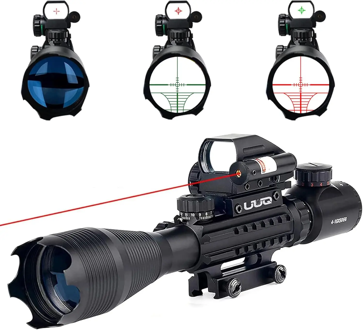 4-16x50 Tactical Rifle Scope Red/Green Illuminated Range Finder Reticle W/Laser Sight and Holographic Reflex Dot Sight