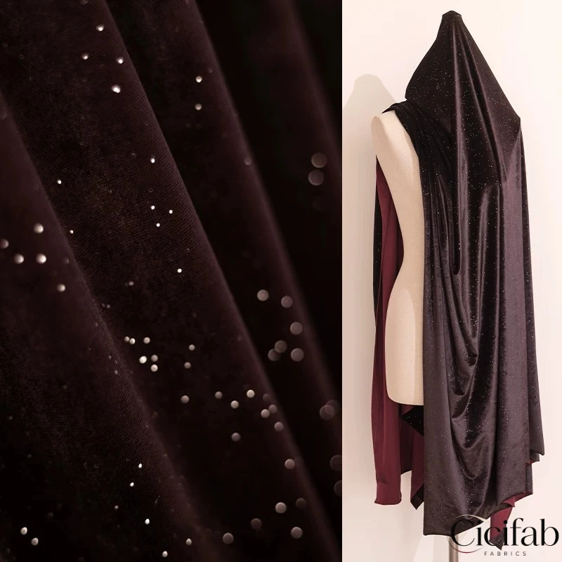 Deep Burgundy Two-Tone Star Glitter Velvet Fabric Stretch Flowy Cloth for Qipao Evening Gown and Designer Dress Sewing