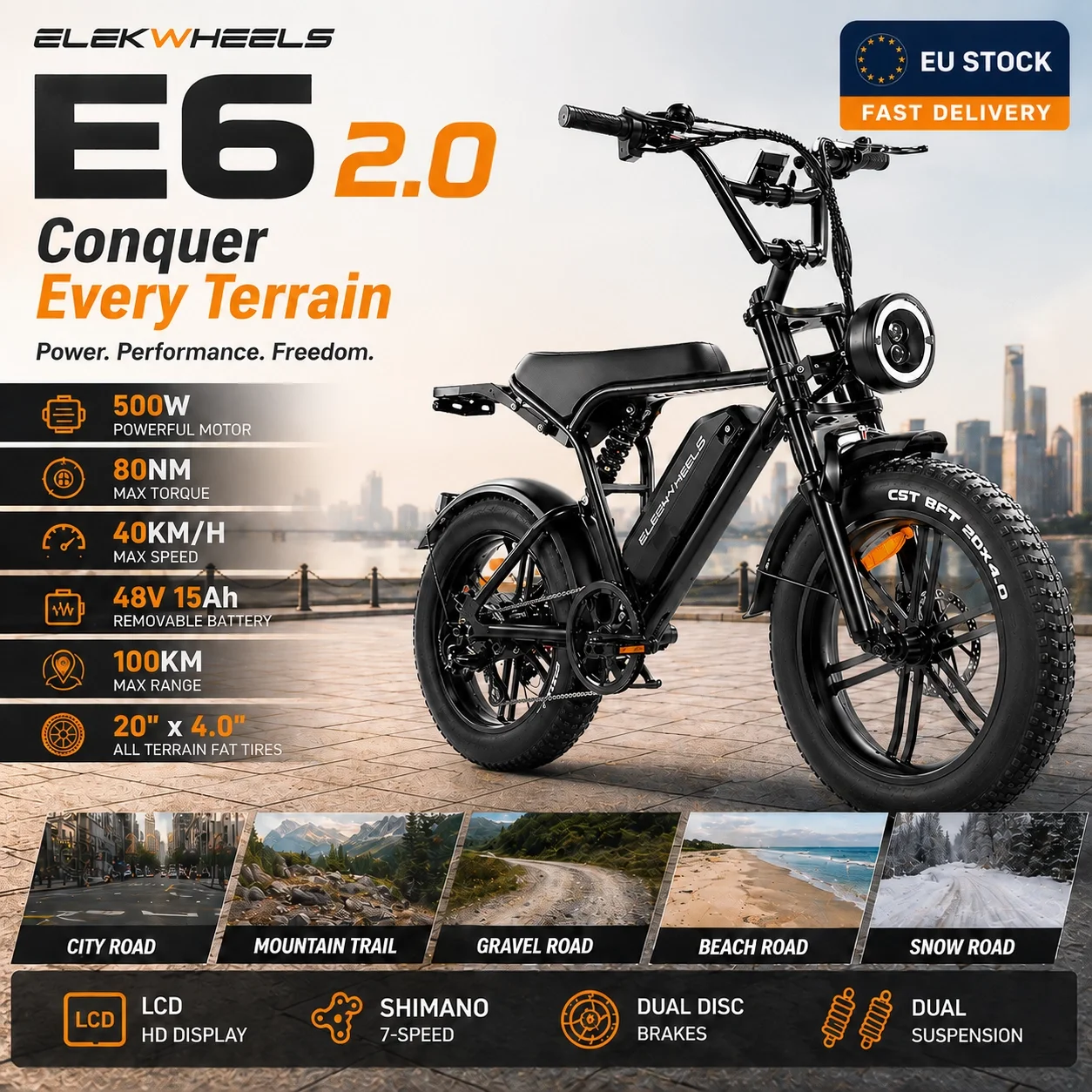 ELEKWHEELS Vélo électrique tout-terrain hors route,moteur maximale 500W,batterie 48V15Ah,portée 100km,Moto électrique au design léger, double usage extérieur urbain