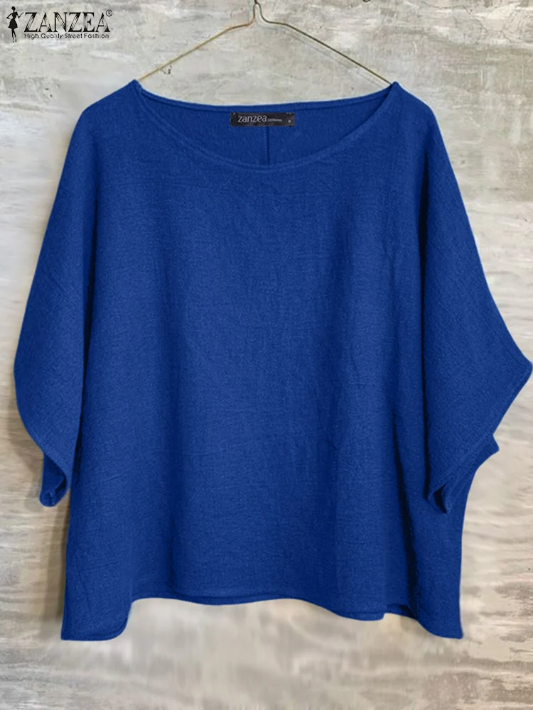 

ZANZEA Summer Crinkled Texture Blouses Woman Casual Loose Round Neck 3/4 Sleeve Blusas Mujer Leisure Day Wear Solid Color Tops