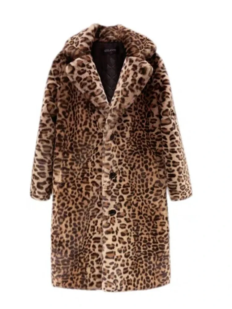 Women Leopard Warm Faux Fox Fur Long Coat jackets Winter Leisure Long Jacket Outerwear Single Breasted Fur Spliced Loose Pockets