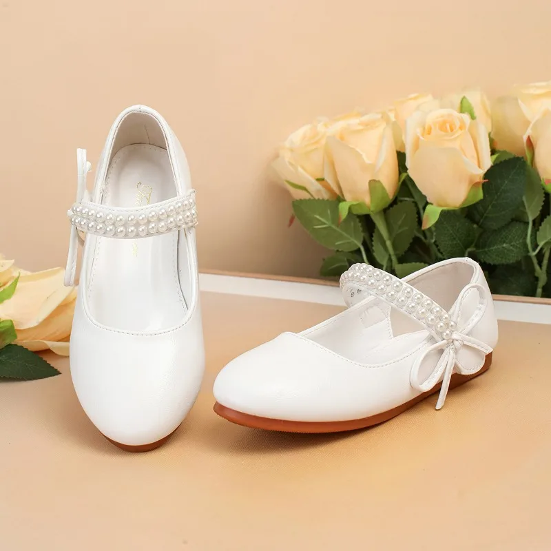 Children's Flats 2026 Spring Autumn Sweet White Bowknot Girls Leather Shoes Catwalk Fashion Kids Causal Princess Mary Jane Shoes