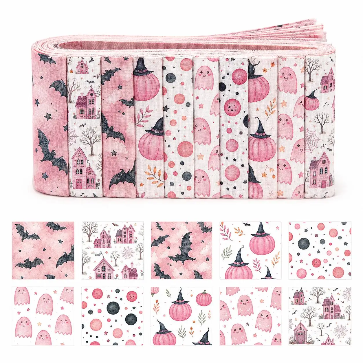 10pcs Vintage Bat Ghost Jelly Roll Fabric Strips 2.5X19.7inch Pre-Cut Polyester For Patchwork Quilts Table Runners Placemats