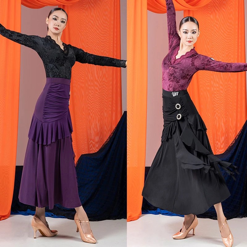 

Костюм для соревнований по бальным танцам для взрослых, современный танцевальный костюм для взрослых, женский топ для латинских танцев, юбки с рюшами, сценическая одежда SL13991