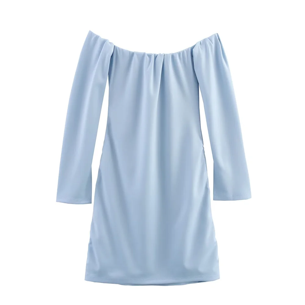 Falda corta con cuello recto y hombros descubiertos para mujer, decoración plisada con temperamento, novedad de verano, vestido ajustado de color sólido