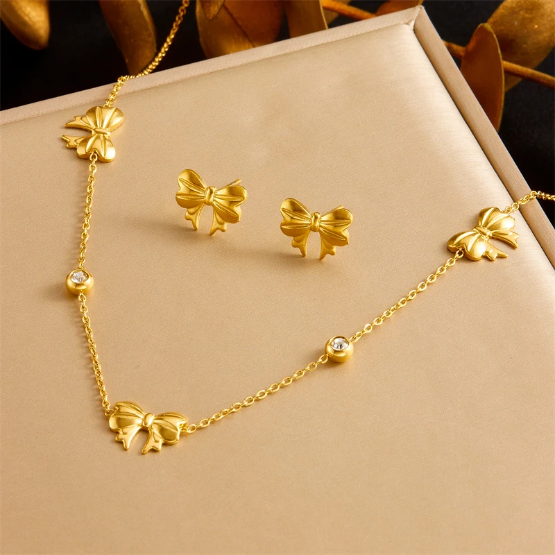 DIEYURO 316L Stainless Steel Round Rhinestone Golden Bowknot Necklace Earrings Bracelet Suit Girl New Trend Bow Jewelry Gift Set