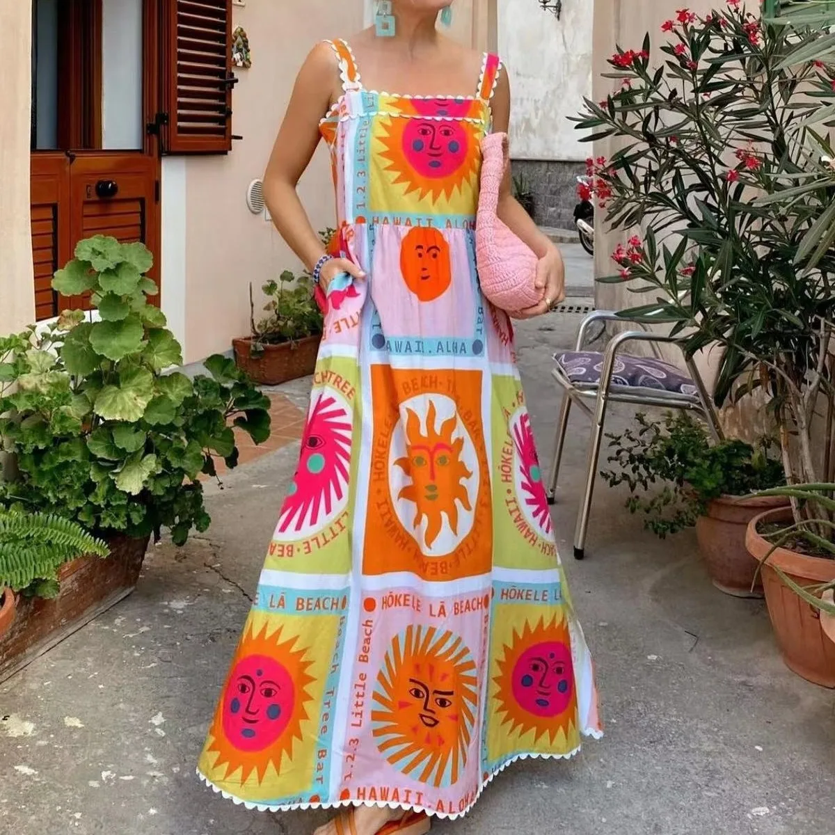 Vestido Midi de Verano 2024 con Estampado de Cara Sonriente, Encaje, Abertura Lateral, Estilo Dulce, Fibra de Poliéster, Moda...