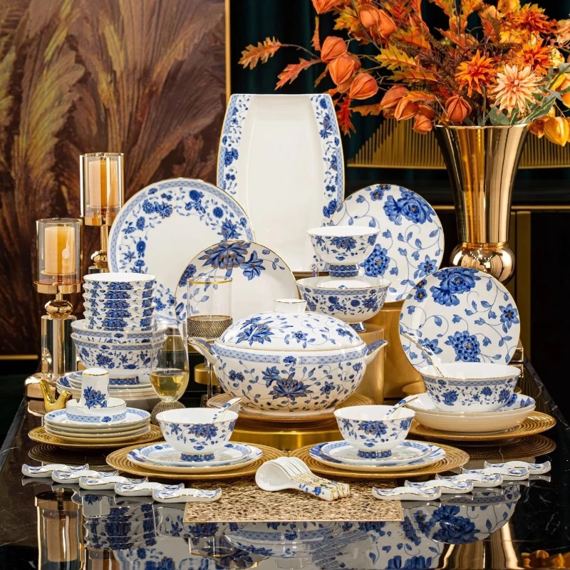 Chinese Blue and white porcelain plates dinner sets luxury gold rim bone fine china dinnerware set vajillas completa Bowl set