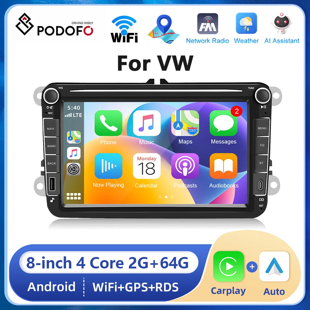 Podofo 8” Android Car GPS Radio 2+64G Carplay Android auto Stereo Radio WIFI Bluetooth Navigation FM Radio for VW Skoda GOLF