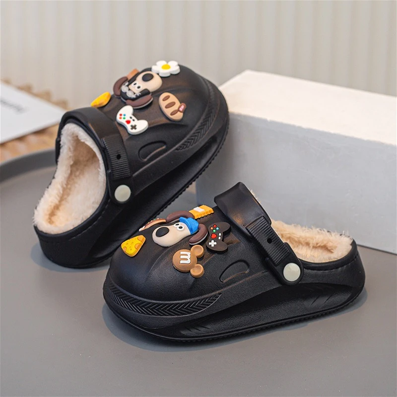 

Зимние детские плюшевые сабо, новая мода, детские домашние сандалии из Евы с рисунком собаки, теплая нескользящая роскошная дизайнерская повседневная обувь для девочек и мальчиков