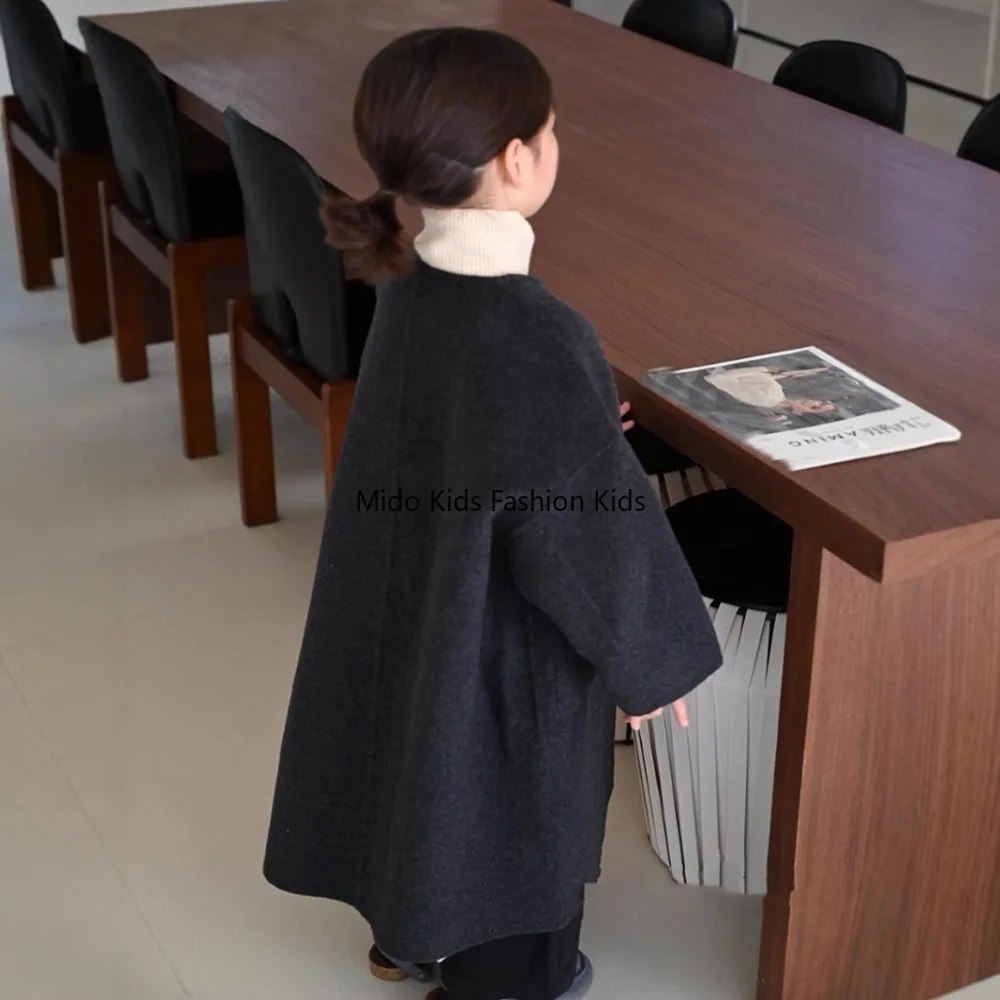 3-12Y Kids Spring Double Faced Cashmere Coat Long Wool Jacket Boys Girls Fashion 100-160cm