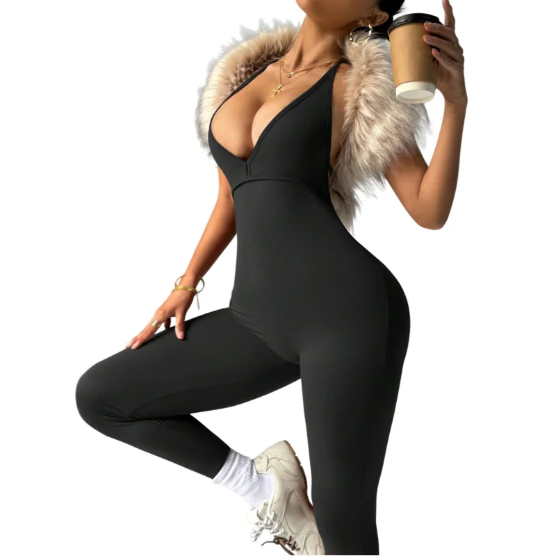 Europe and America 2026 Summer New V-Neck Tie Halter Sexy Ruched Backless Slim Fit Jumpsuit for Women Wholesale