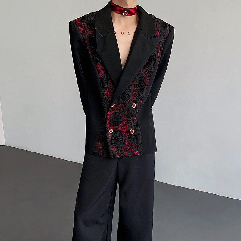 WTHT Fashion Men's Spliced Flower Diamond Contrast Color Blazer Coat Trendy Lapel Double-breasted Jacket Male 2025 Summer 2A1181