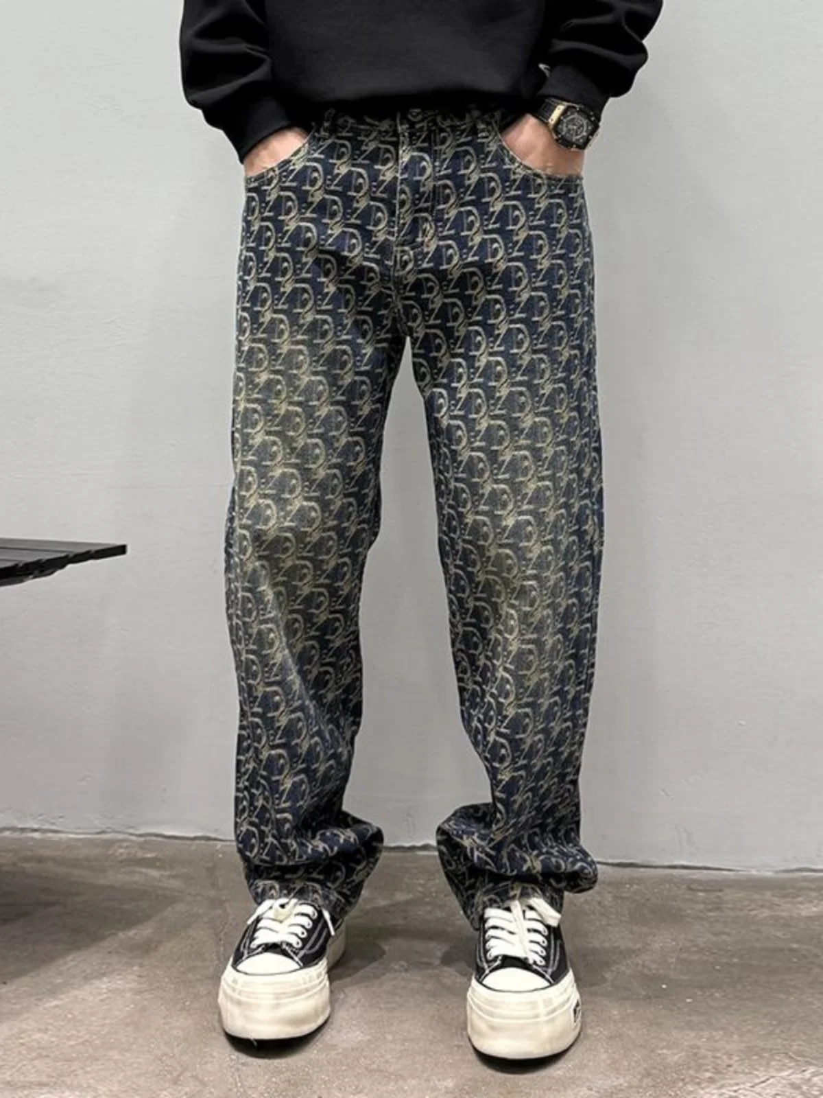 

Американские джинсовые джинсы в стиле ретро, мужские повседневные прямые брюки свободного покроя, длинные брюки Individuali в стиле хип-хоп, уличный Sle, молодежная мода