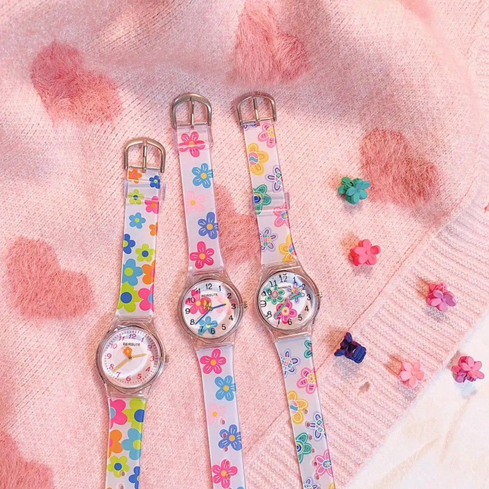 Cartoon Print Ladies Watch Silicone Strap Quartz Watch Waterproof Girls Student Fashion Clock Flower Pattern Watch