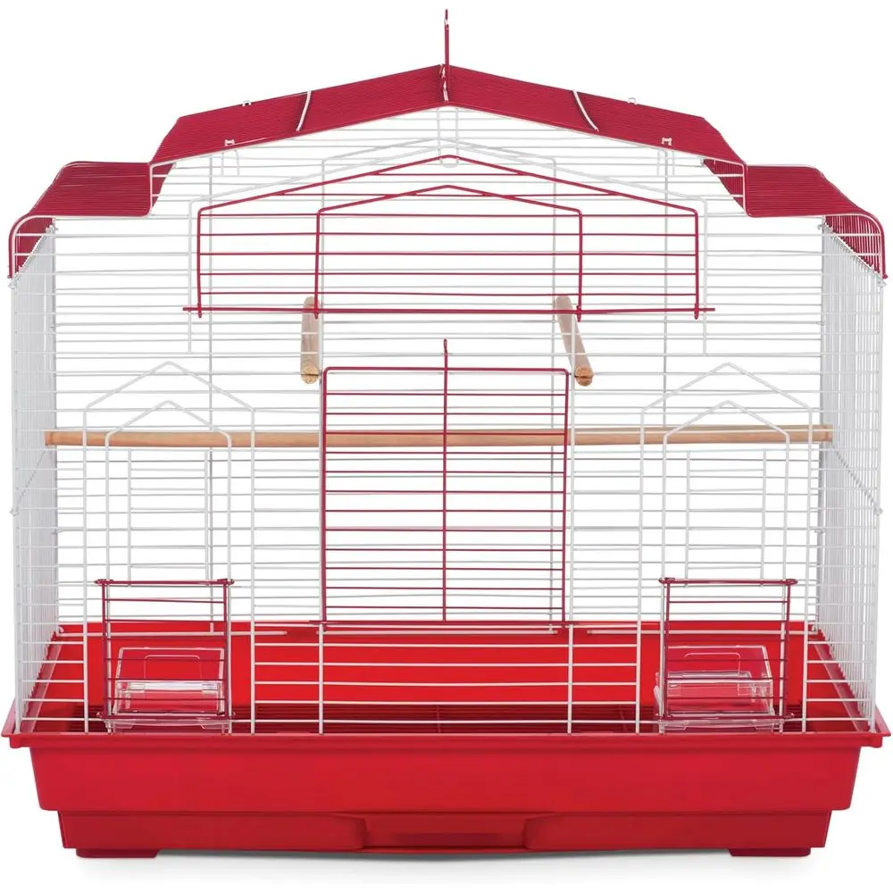 

Red Metal Bird Cage with Removable Tray, Wood Perches, and Feeder Cups for Small Birds - Ideal for Indoor Use
