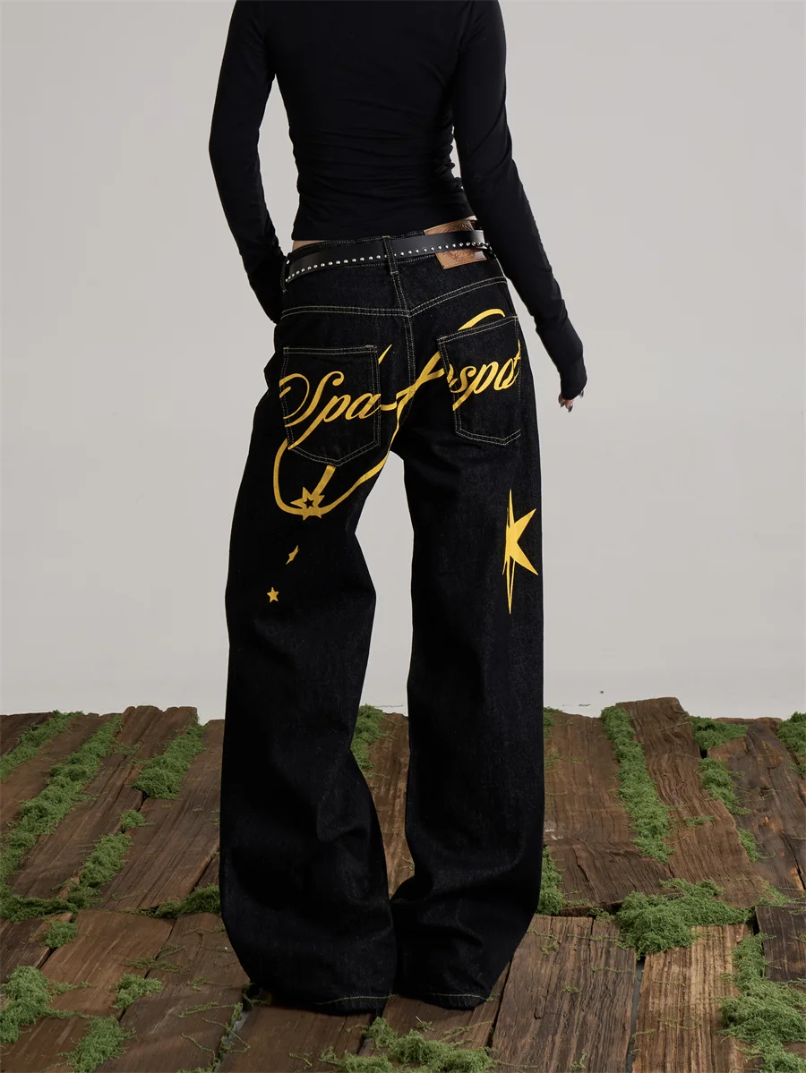 

ONLPP American Retro Printed Bla Wide Leg Denim Jeans Women's Loose Floor-Length Pants Spring New Sle l Waist