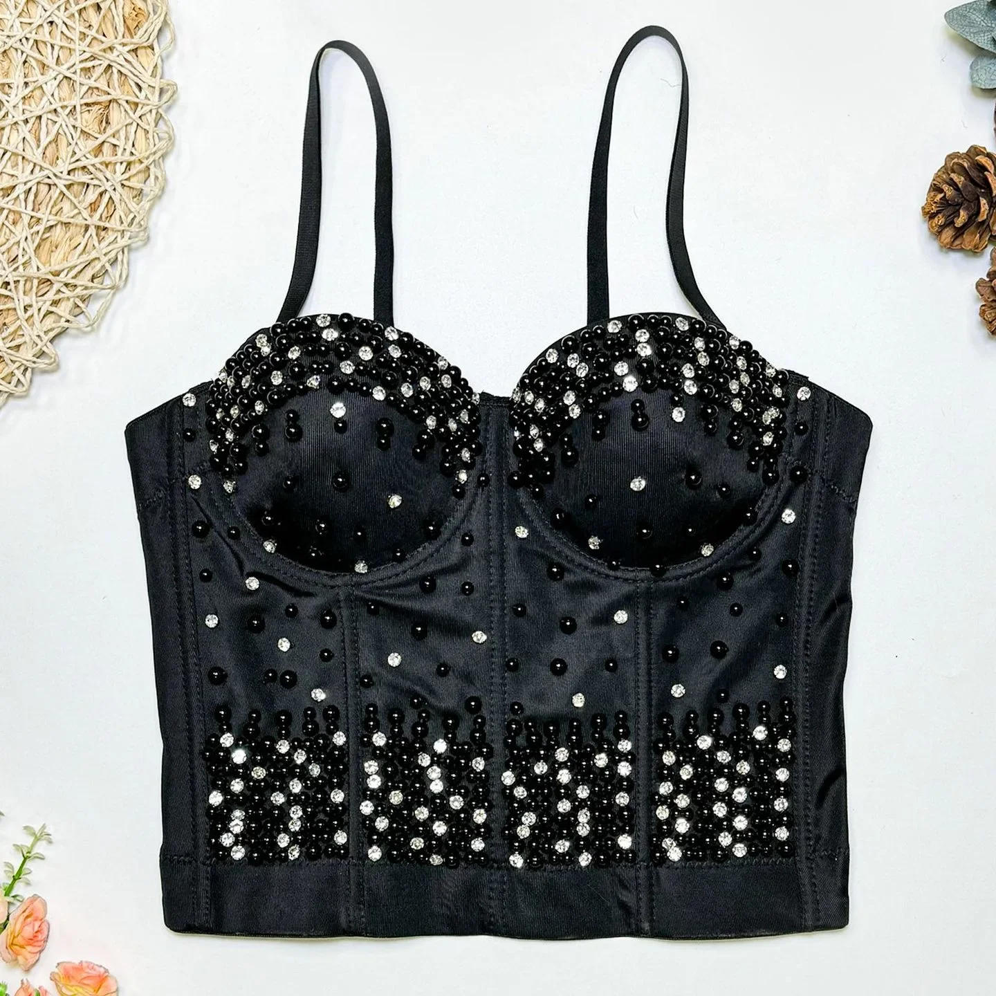 Stunning Beads Rhinestone Embellished Corset Push Up Bra Bustier for Women Bralette Top Lingerie Waist Trainer Gothic Clothes