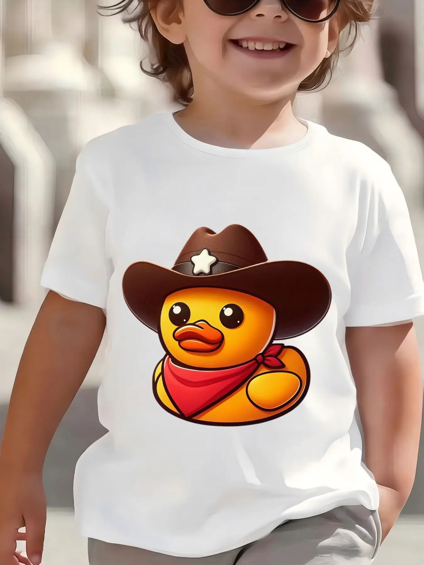 Kids Cute Cowboy Rubber Duck With Hat Graphic Tee Boys Girls Family Matching Short Sleeve Western Cartoon Casual Daily T Shirt