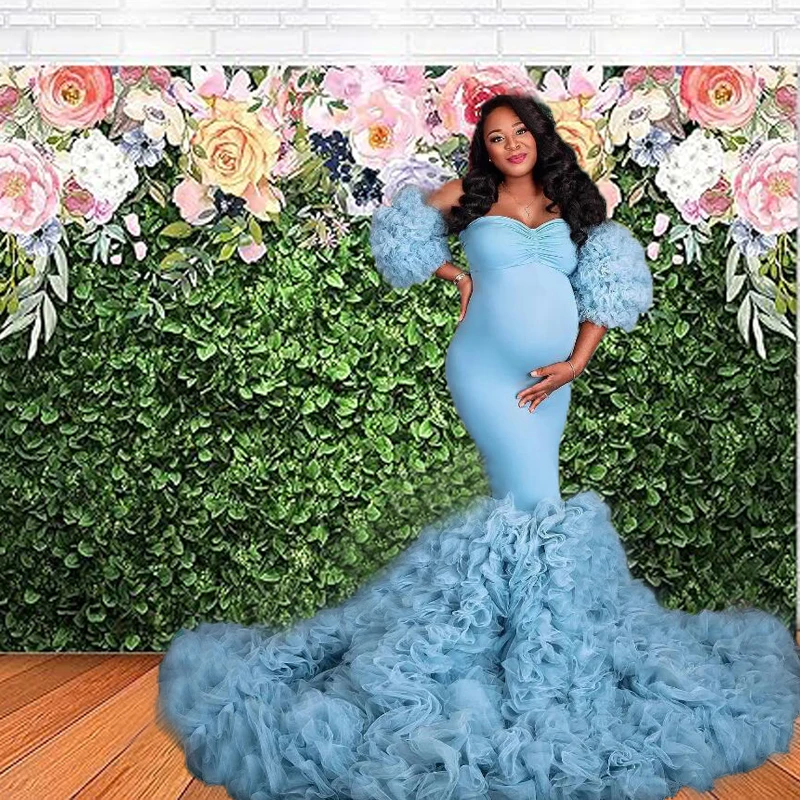 Sky Blue Mermaid Evening Dresses Pregnant Women Maternity Photoshoot Gowns Vestidos Para Embarazadas Платье Для Беременных