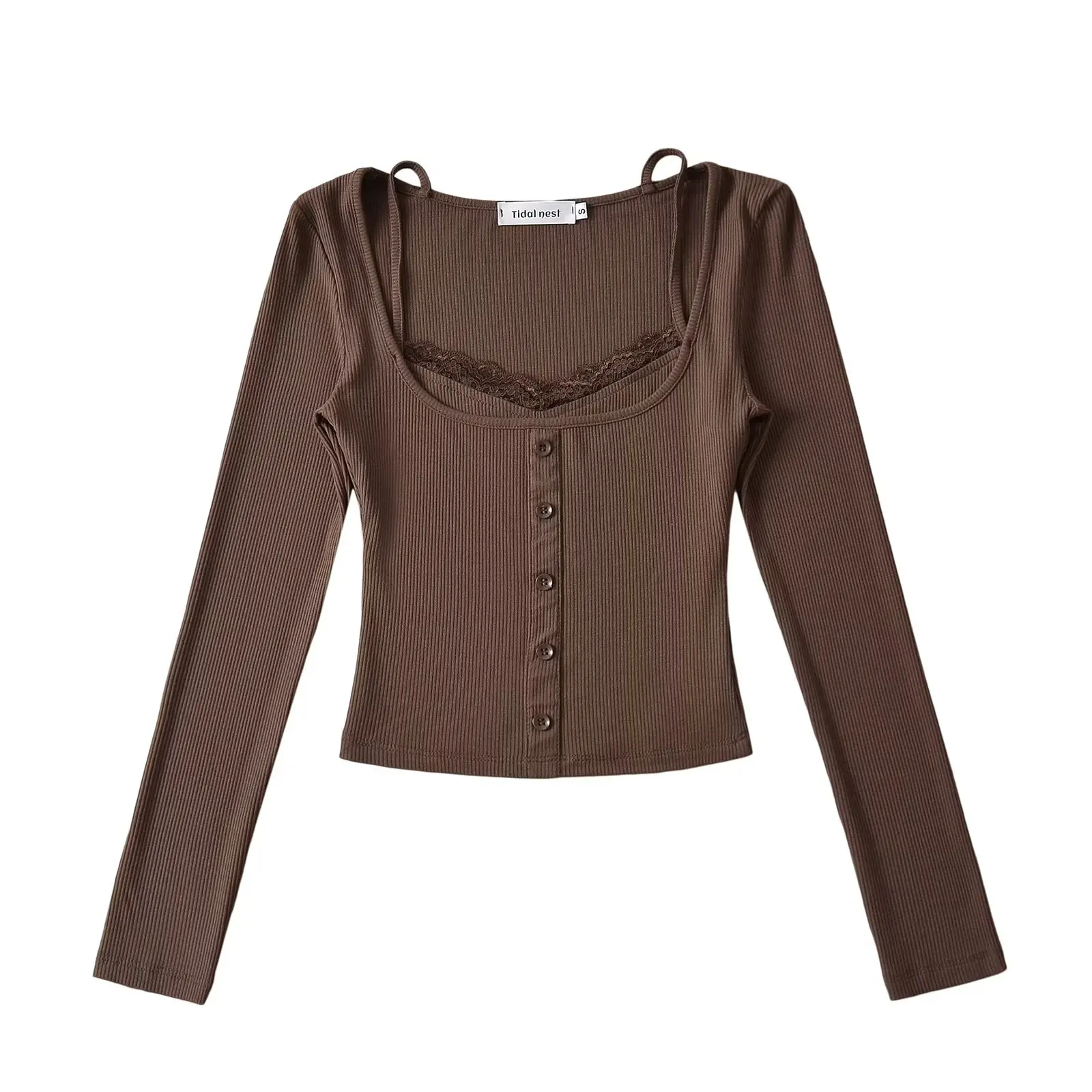 Doce coração caça renda guarnição cinta emenda ort sle longo sve fino botão decoração base irt topo rua sle gola quadrada