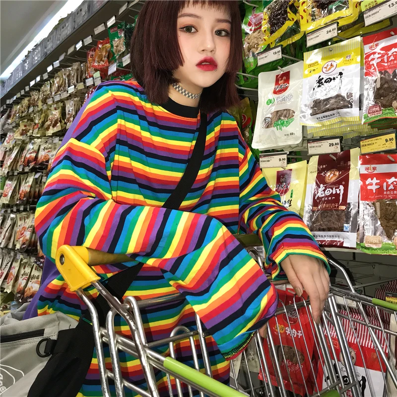 Woman T Shirt Rainbow Stripe Autumn Harajuku Shirt Long Sleeve Plus Size Tops