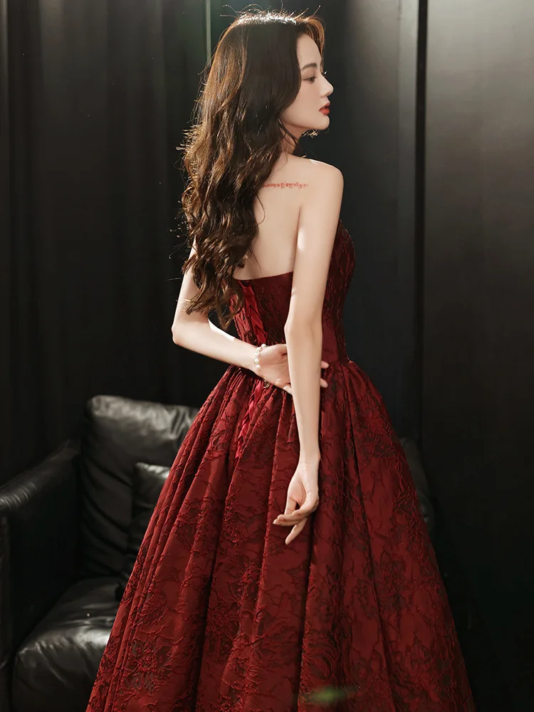 Burgundy Satin Printing Prom Dresses Strapless A-Line Sleeveless Sweetheart Long Wedding Host Party Celebrity Evening Gown