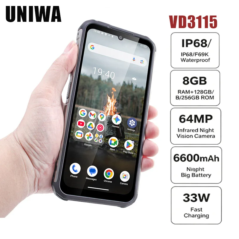UNIWA VD3115 120MHz Screen 8GB RAM 64MP Night Vision Camera IP69K Waterproof Outdoor Rugge Smartphone with 33W Fast Charging