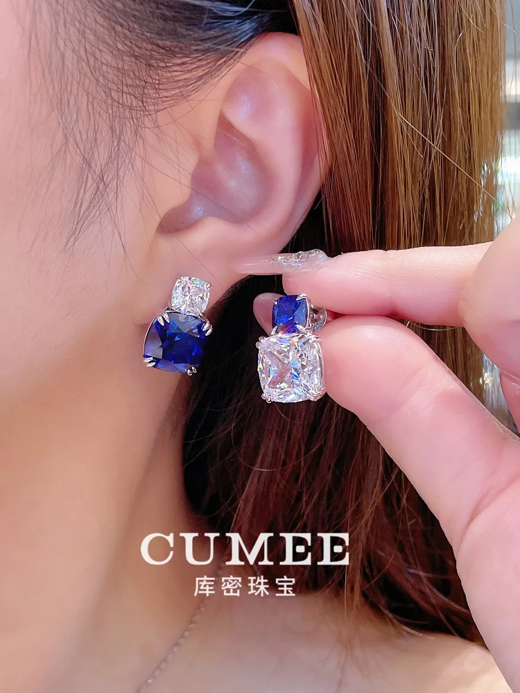 CUMEE  Sapphire Stud Earrings for Women Girls White Gold Plated Solid S925 Sterling Silver Earrings blue Gemstone Birthstone