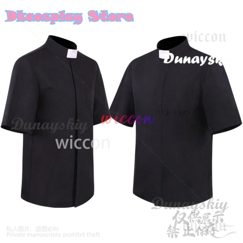 Anime Halloween Black Priest Shirt Men Cosplay Catholic Church Missionary Short Sleeve Top Role Play Roman Polo Shirt Customized