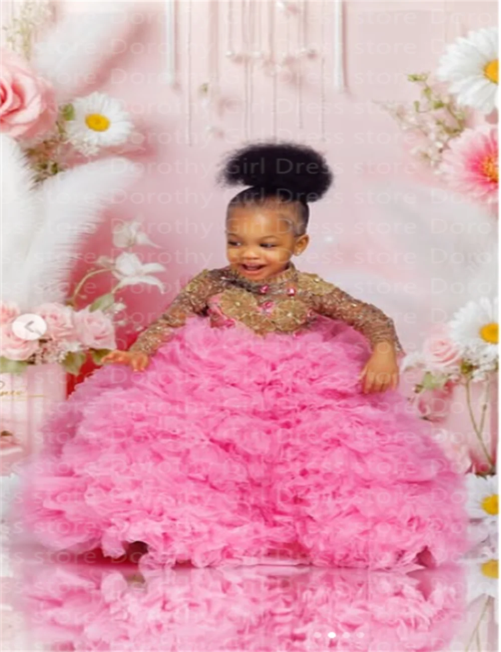 Light Pink Luxury Gold Sticker Fluffy Little Girl Birthday Dress Suitable For First Communion Ball Pageant Formal Event