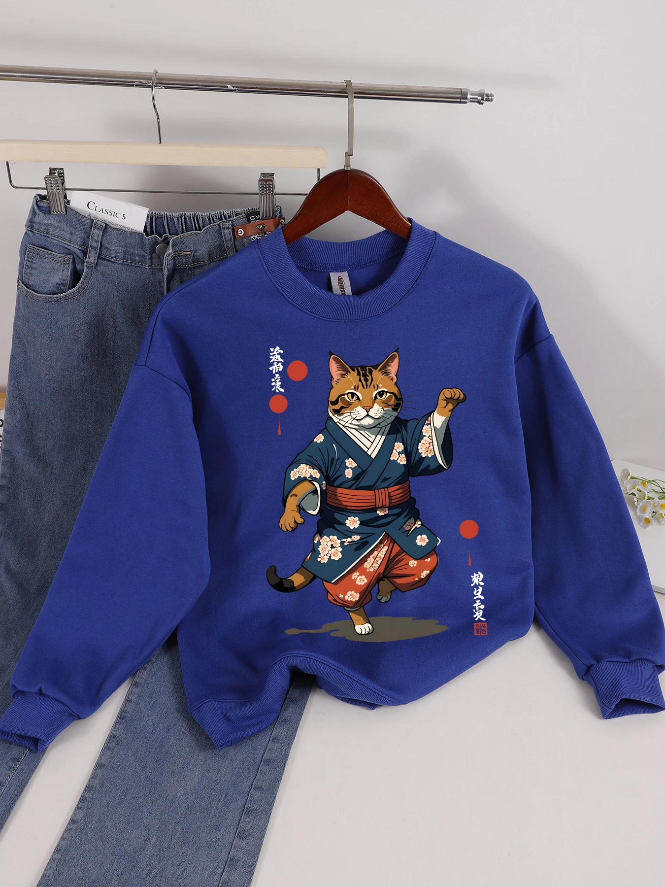 Sweat-shirt imprimé chat debout pour femme, pull polaire à la mode, assorti avec tout, vêtements de sport d'automne, col rond