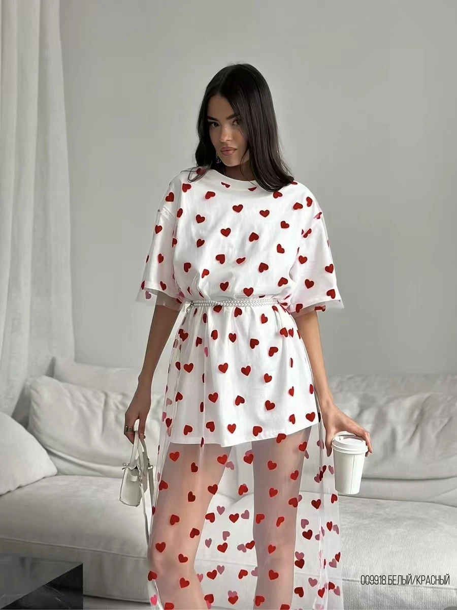 Sexy coeur m'appelle épissure t-shirt Dr femmes été longue Sve ronde Ne a-ligne jupe Sle décontracté confortable Dr