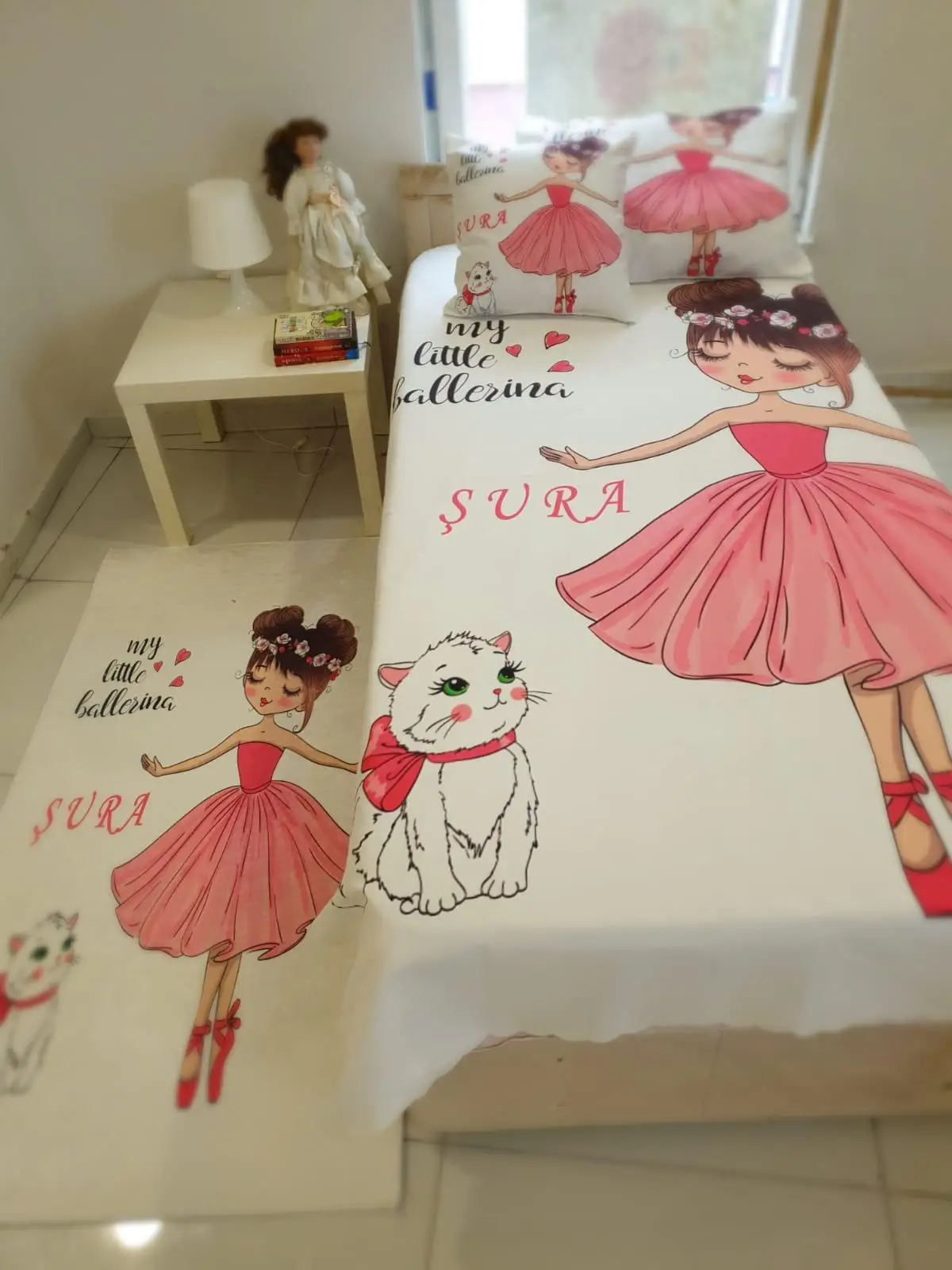 BALLERINA GIRL PATTERN PINK ELBİSELİ KITTENS GIRLS KIDS BED COVER