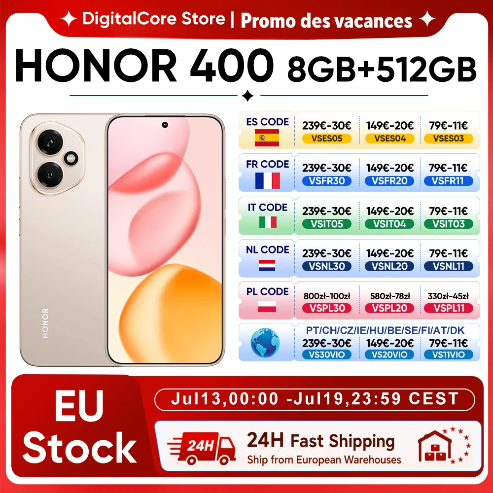Versione Globale HONOR 400 Smartphone 5G Snapdragon 7 Gen 3 Fotocamera AI da 200MP Display AMOLED da 6,55'' 5300mAh 66W SuperCharge