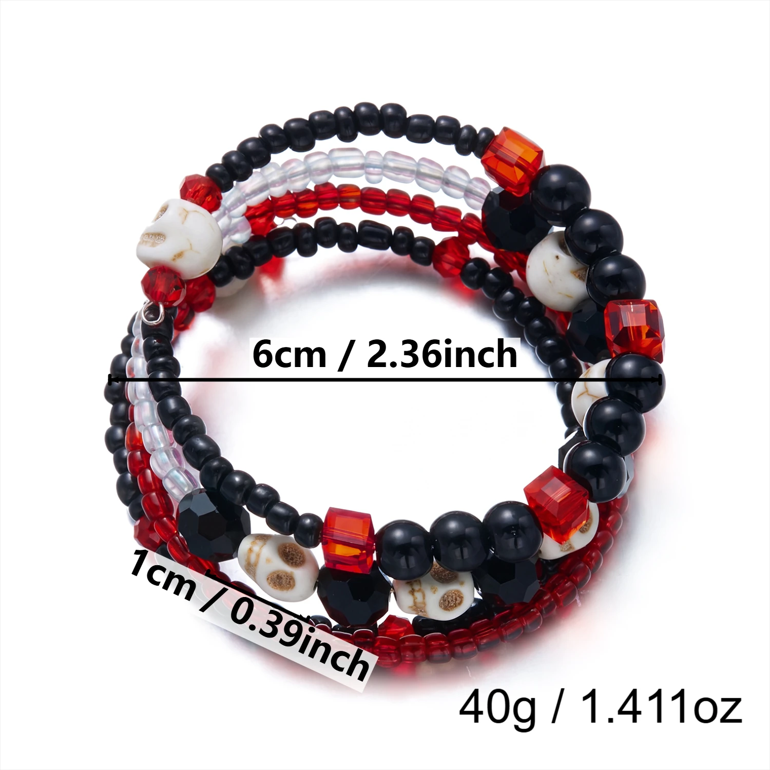 Kreatives Mehrschichtiges Totenkopf-Reisperlen-Armband für Damen und Herren Punk Goth Skelett Stapelbare Armbänder Halloween-Party-Schmuck – Detail 8