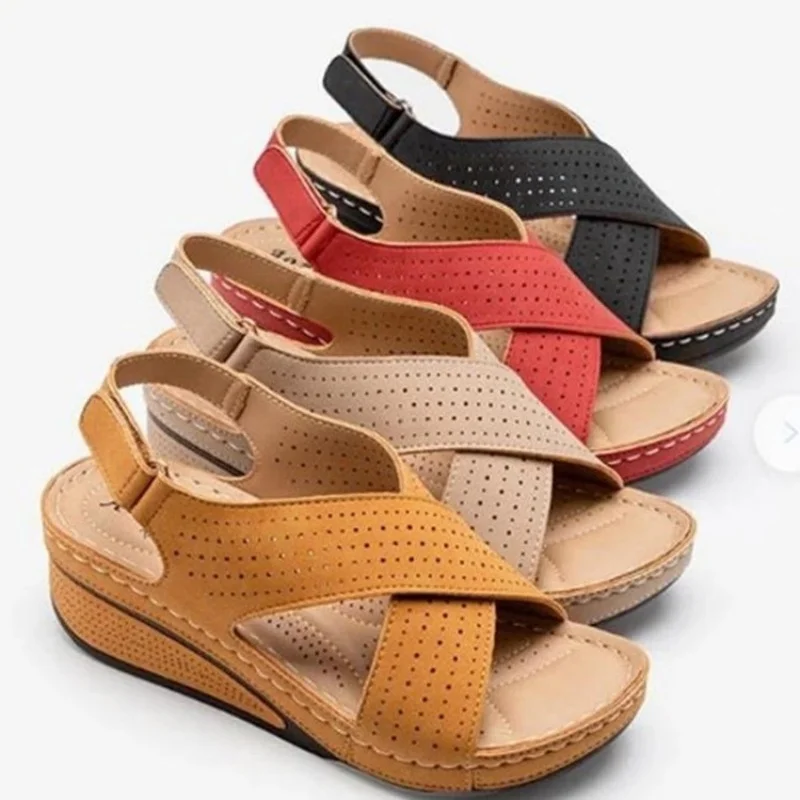 Women's Sandals Summer New Woman Hollow Wedges Sandals Female Casual Leather Sandals Female Retro Beach Sandalis Plus Size 36-43