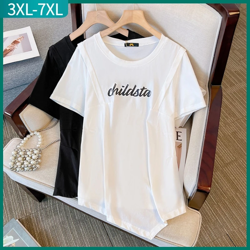 New 2023 Summer Plus Size Tops For Women Large Size Short Sleeve Loose Cotton Black White Print T-shirt 3XL 4XL 5XL 6XL 7XL