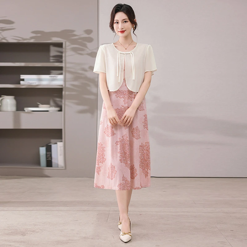 夏フェイクツーピースパッチワークドレスヴィンテージブロークンフラワー婦人服スタイリッシュな中国ディスクバックル A ラインミディドレス