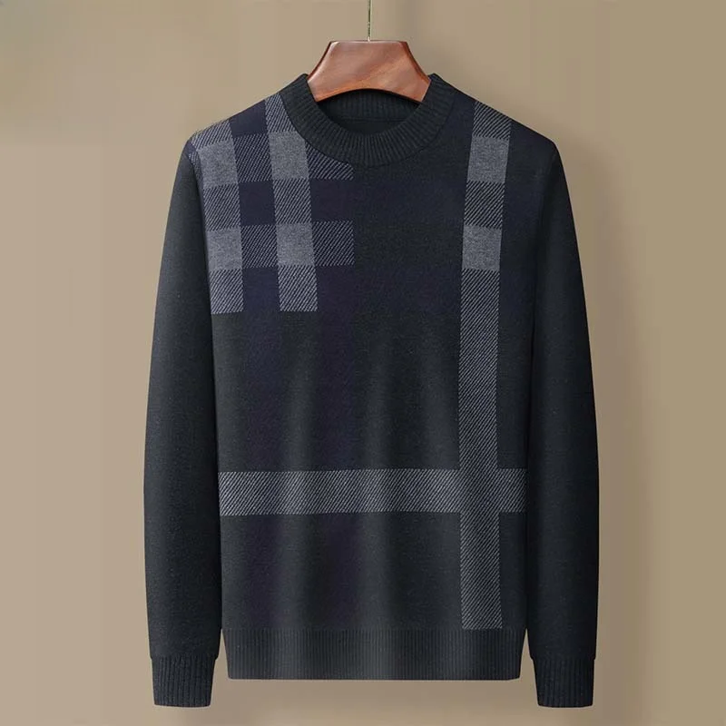 Warm Plaid Knitted Sweater round Ne Dad Sle Deep ey Spring Autumn Base Layer irt Men's Casual Loose Fit Polyester Fiber