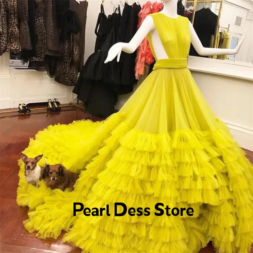 Luxury Handmade Tulle Prom Dress Vestidos De Noche Gorgeous Trail Multi layered Evening Dress Yellow Party Dress