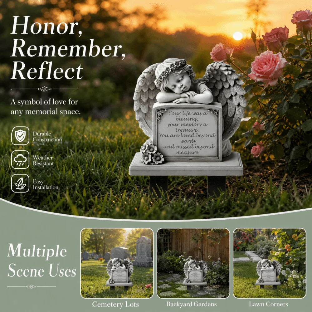 Commemorative Design Garden Angel Statue Grey 5.11x7.8in Memorial Plaque Human Memorial Garden Decoration Sleeping Angel Statue