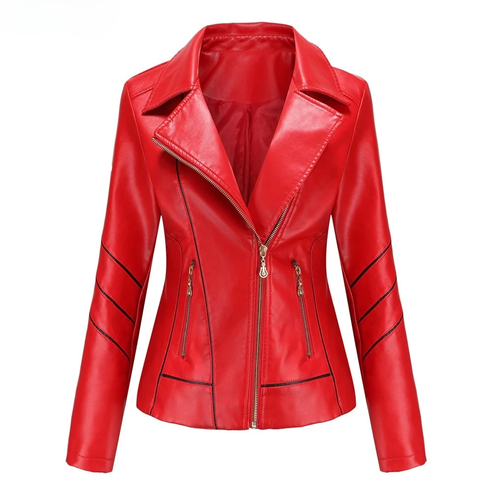 

Autumn Winter New Red PU Faux Leather Jacket Women Fashion Casual Biker Jackets Outwear Female Leather Coat