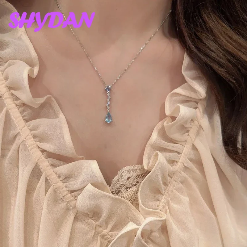 SHYDAN 925 Sterling Silver Mermaid Blue Tears Aquamarine Long Necklace Chains For Women Girls Fashion Jewelry view 2